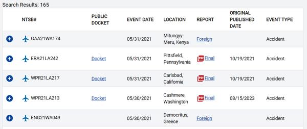 A screenshot of several NTSB reports listed in a table.