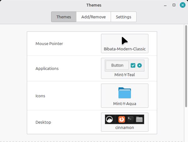 Theme settings in Linux Mint.