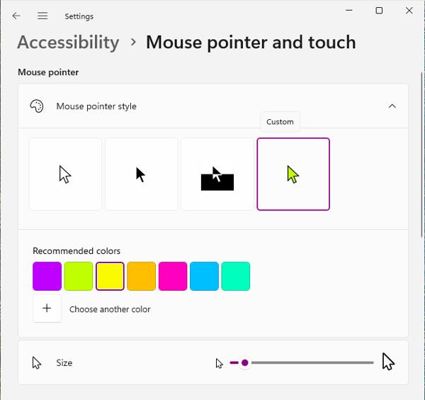 Cursor configuration in Windows 11 settings.