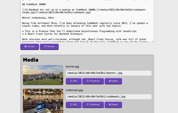 A screenshot of a Markdown-formatted blog post and associated media available to it.