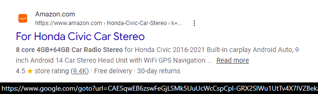 An example of a Google Goto Link with an Amazon.com search result.
