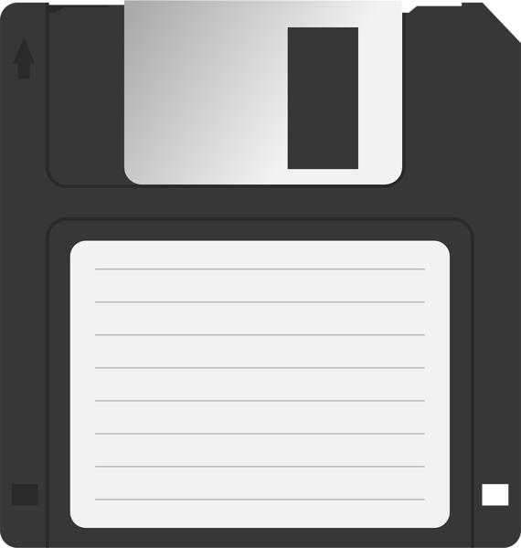 A rendering of a 3.5-inch 1.44 mebgabyte floppy disk.