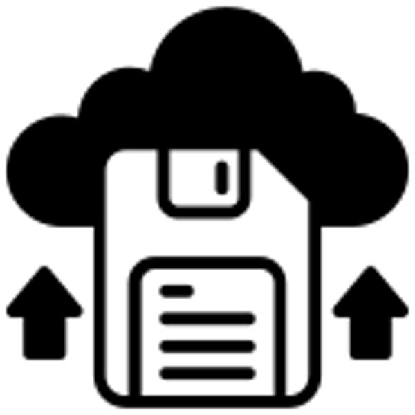 An icon of a floppy disk being uploaded into a cloud.